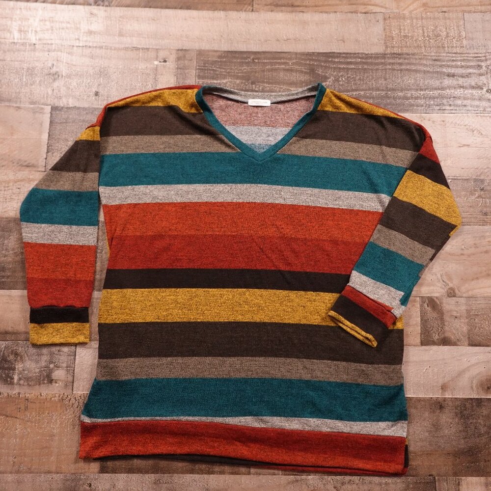 Chic Soul Striped V-Neck Lightweight Sweater – Multicolor – Made in USA – 2X